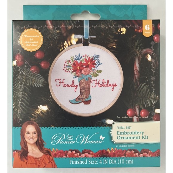 The Pioneer Woman Floral Boot Embroidery Holiday 4in Ornament Kit Howdy Holidays - Picture 1 of 4